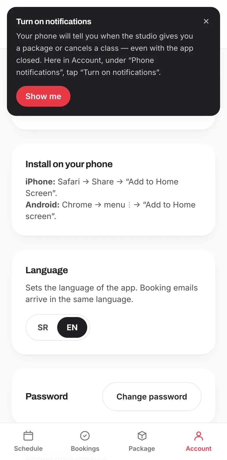 Account screen with the Turn on notifications message and a Show me button
