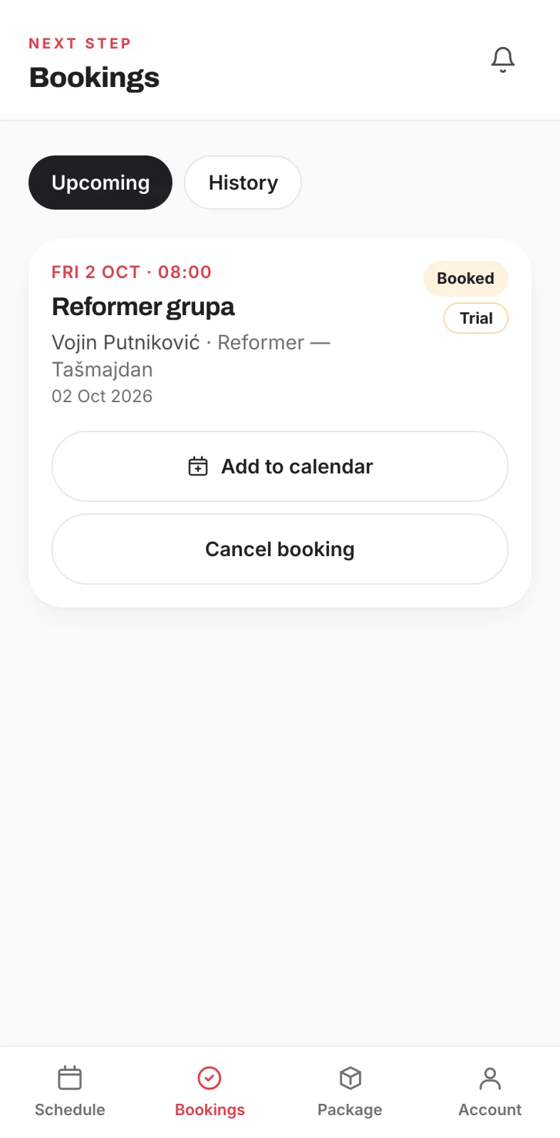 Bookings screen with the booked trial class