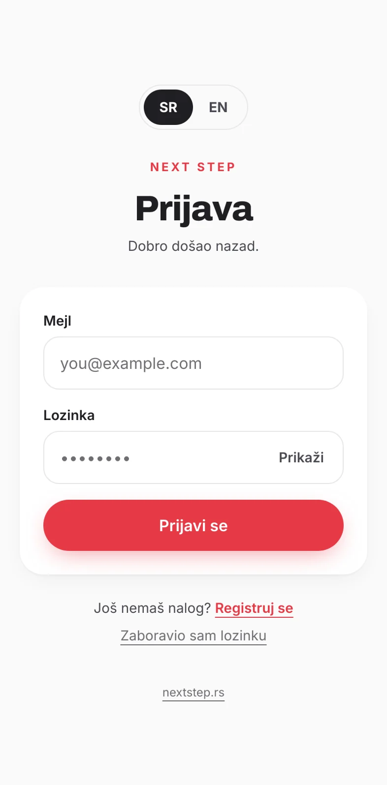 Ekran Prijava u Next Step app-u, sa linkom Registruj se ispod forme